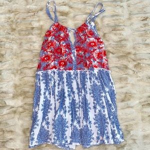 THML Blue & White Backless Swing Top w Red Embroidery & Ties